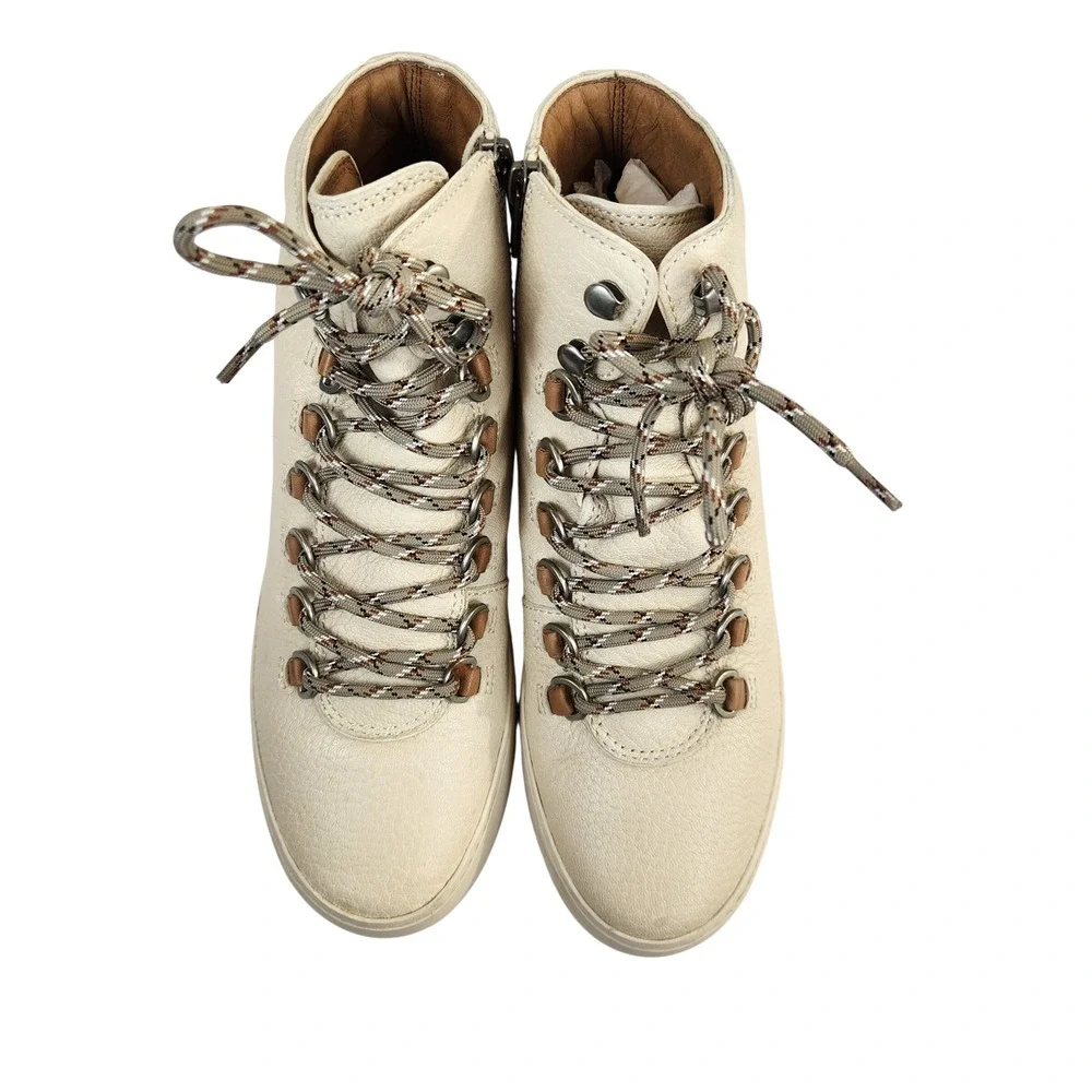 Frye Lena‎ Hiker High Top Boots Women's 8M Beige Leather Lace Up Zip Sneakers